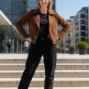 Pull & Bear Faux Vegan Leather Moto Biker‎ Jacket, Caramel Chocolate, Size M